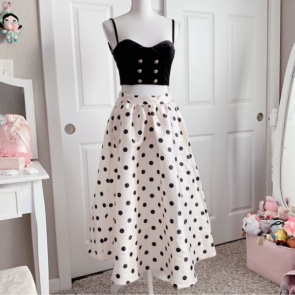 Cider Dresses & Skirts - Creme & black polka dot satin midi skirt